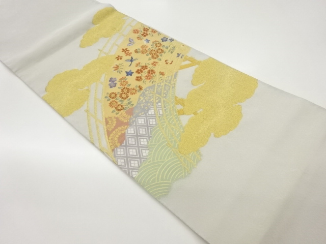 JAPANESE FUKURO OBI / GIN-TOSHI / WOVEN FLOWER & BIRD